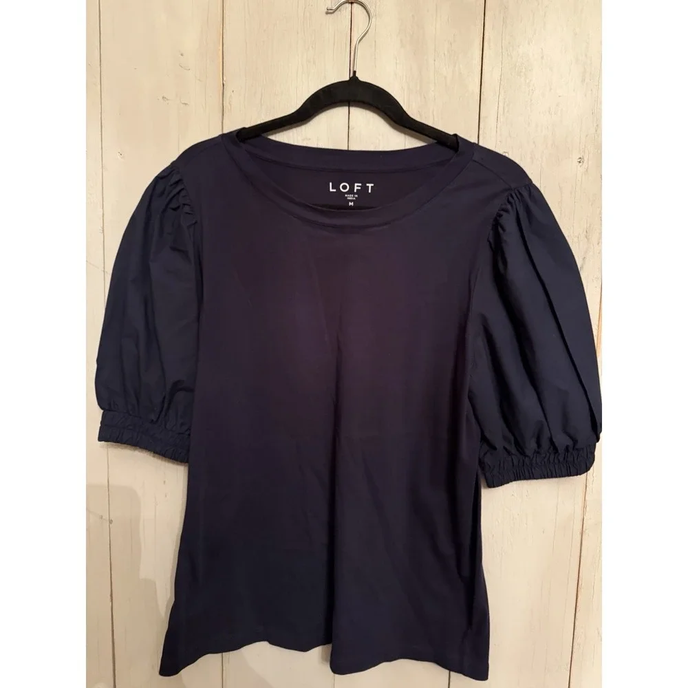 LOFT Top Blouse Mixed Media Navy Blue Puff Sleeve Knit Cotton‎ Cottagecore Sz-M
